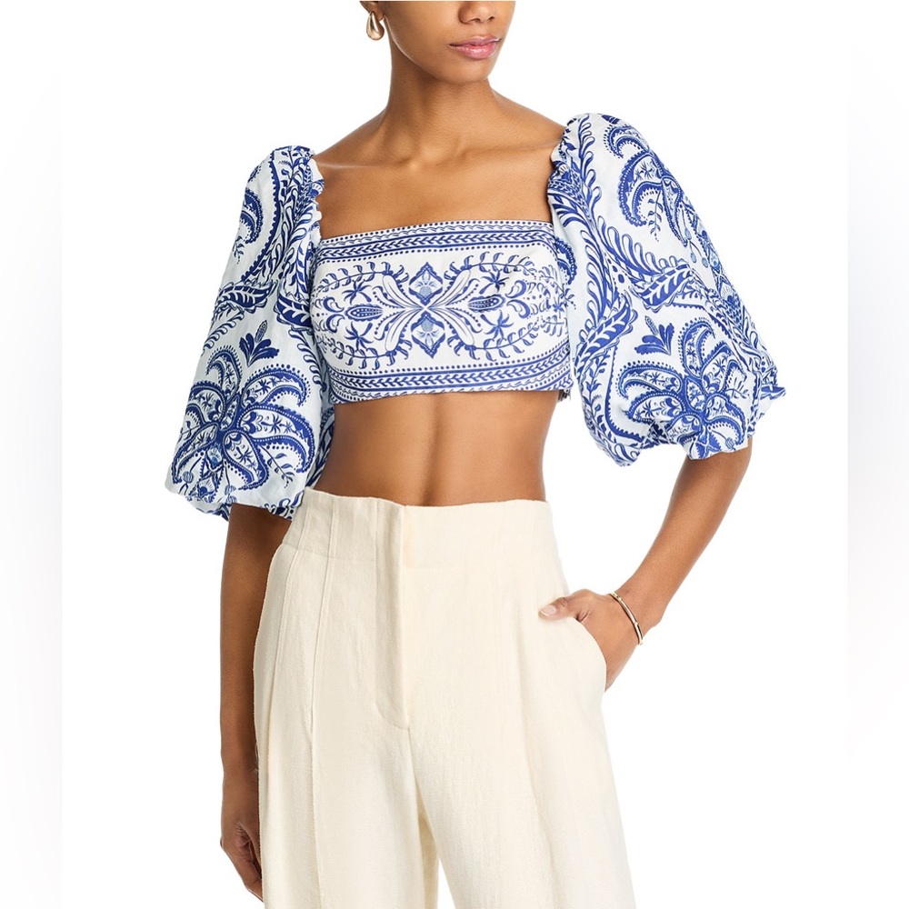 FARM Rio Linen Balloon Sleeve Cropped Top in Blue Tropi